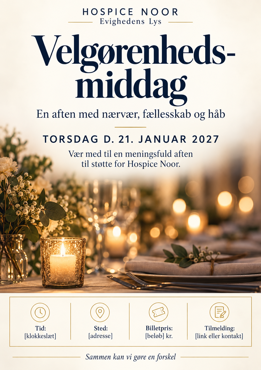 Levende lys, blomster og et festligt dækket middagsbord fra arrangementets flyer